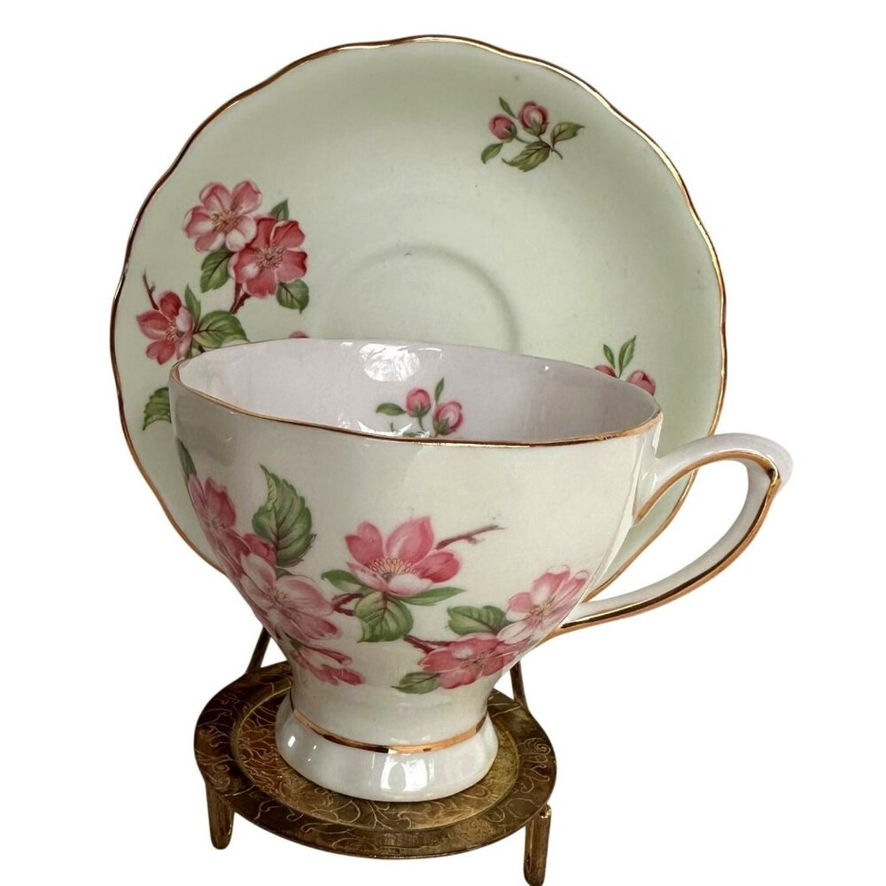 Vintage Colclough Tea Cup Green and Pink Rosebuds Floral Fine Bone China w Gold